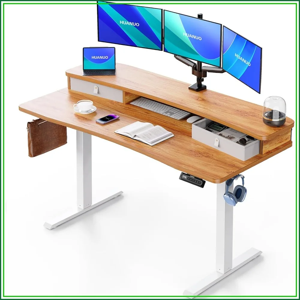 Electric Standing Desk 55 x 26 with 2 Drawers, C-Clamp Mount, 4 Heights, 2 Hooks, Light Vintage