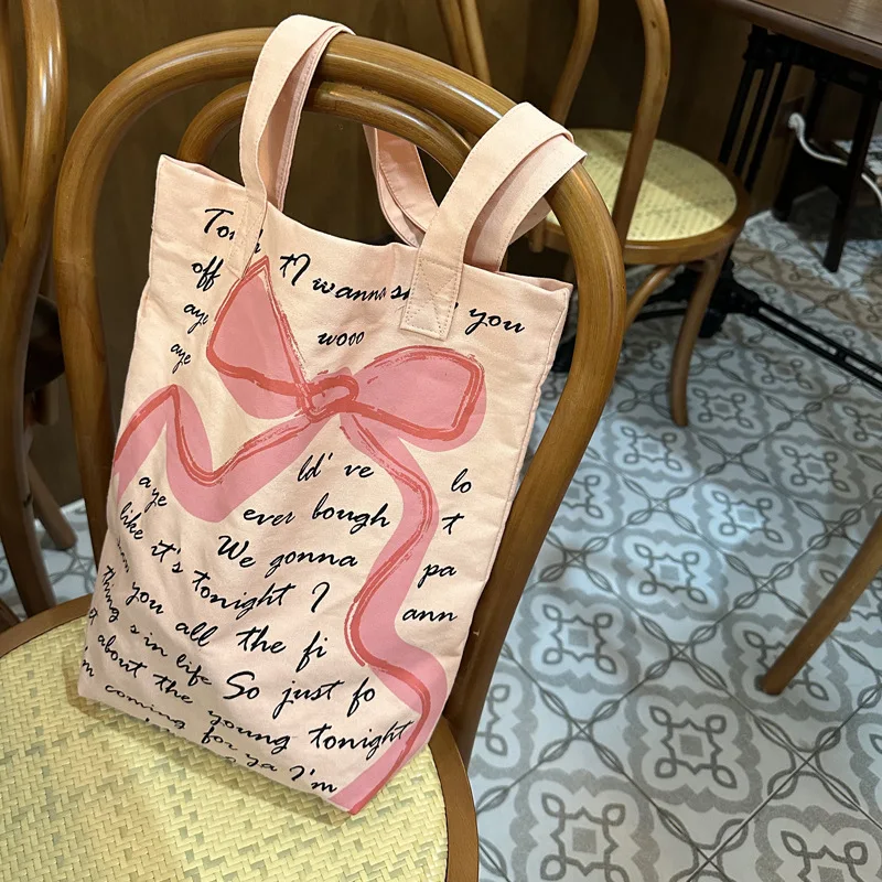 Youda New Canvas Fabric Shoulder Bag For Women Simple Bow Cartoon Pattern Letter Handbag Large Casual Capacity Shopper Tote Bags