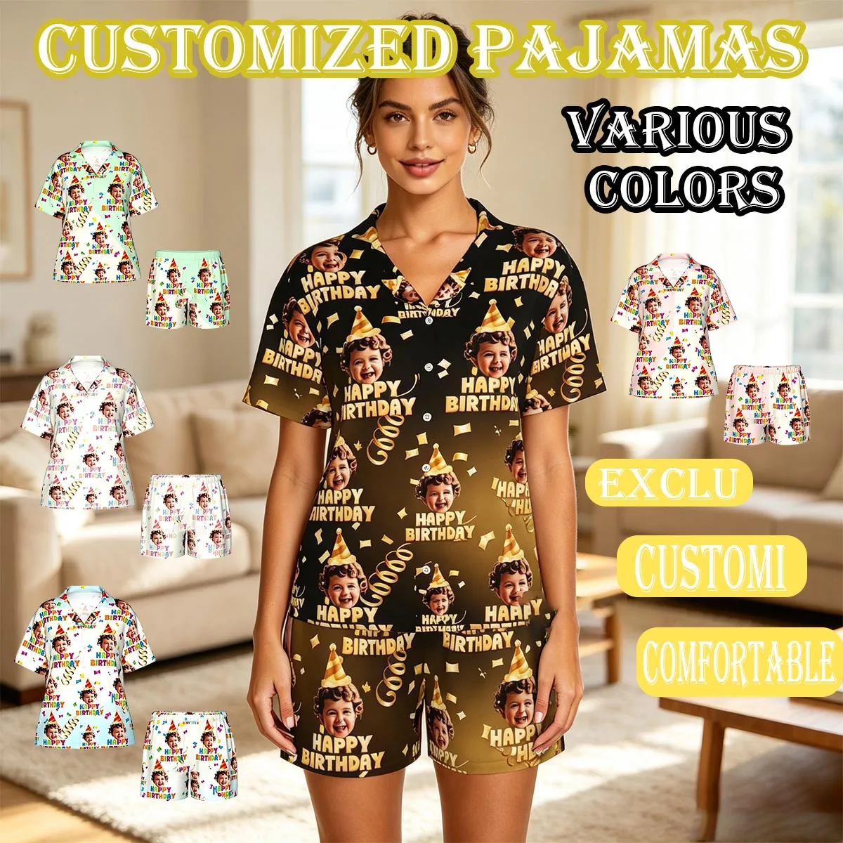 DIY personalized printed pajamas customized women's casual pajamas set with avatar prank face replacement gift for family friend