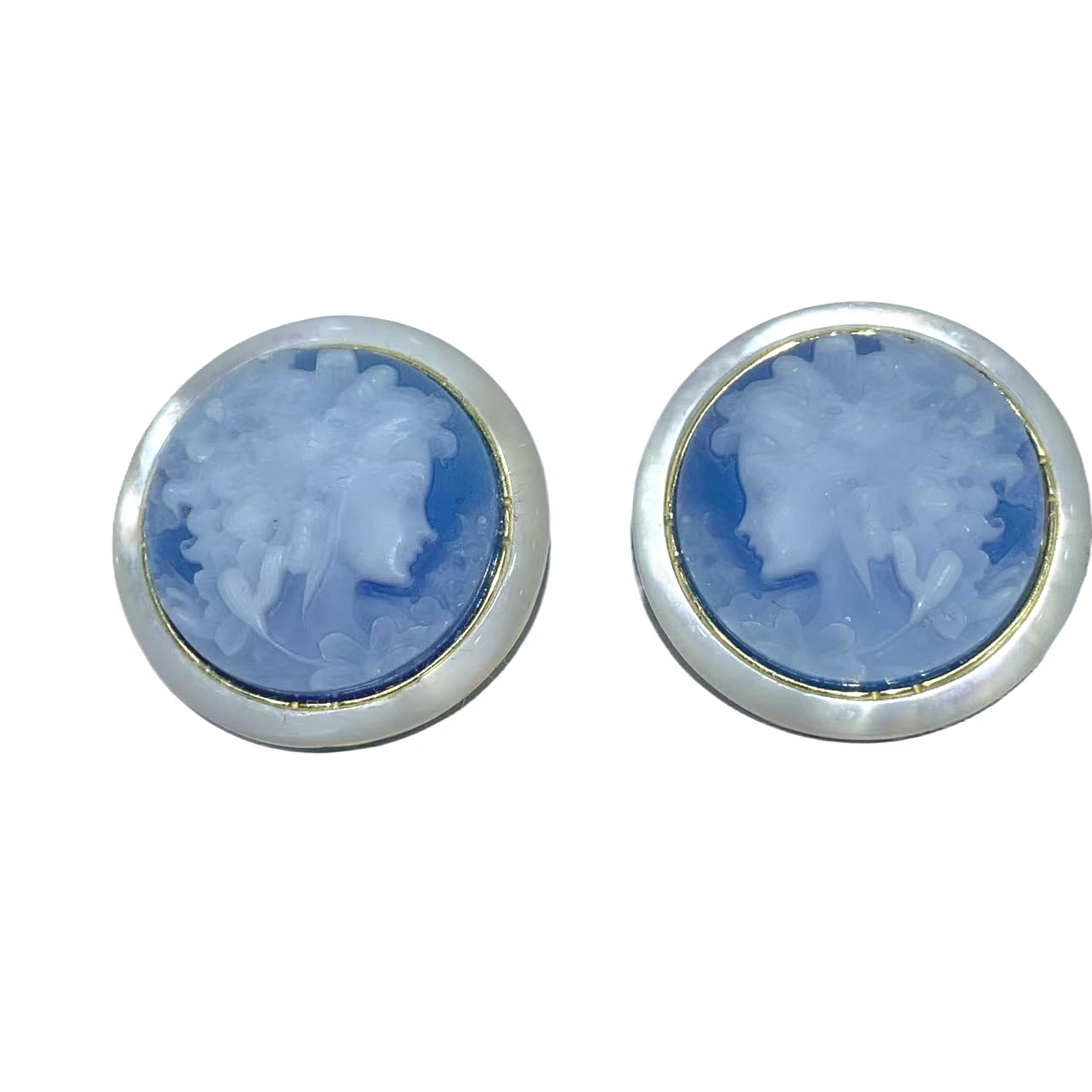 Vintage Blue Cameo Stud Earrings Mother of Pearl Round Earrings for Women