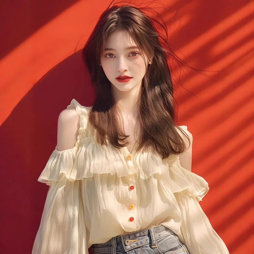Women's New Solid Color V Neck Off Shoulder Ruffle Layer Long Sleeve Color Buttons Loose Lightweight Chiffon Blouse Daily Shirt