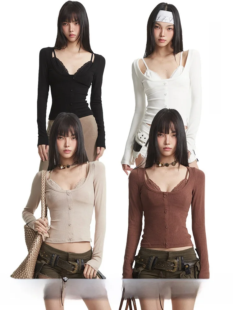 

Pure Desire Lace Splice Fake Two-Piece Base irt Sexy Long Sve T-irt Commute Sle Slim Fit Color V-Ne ort Le...