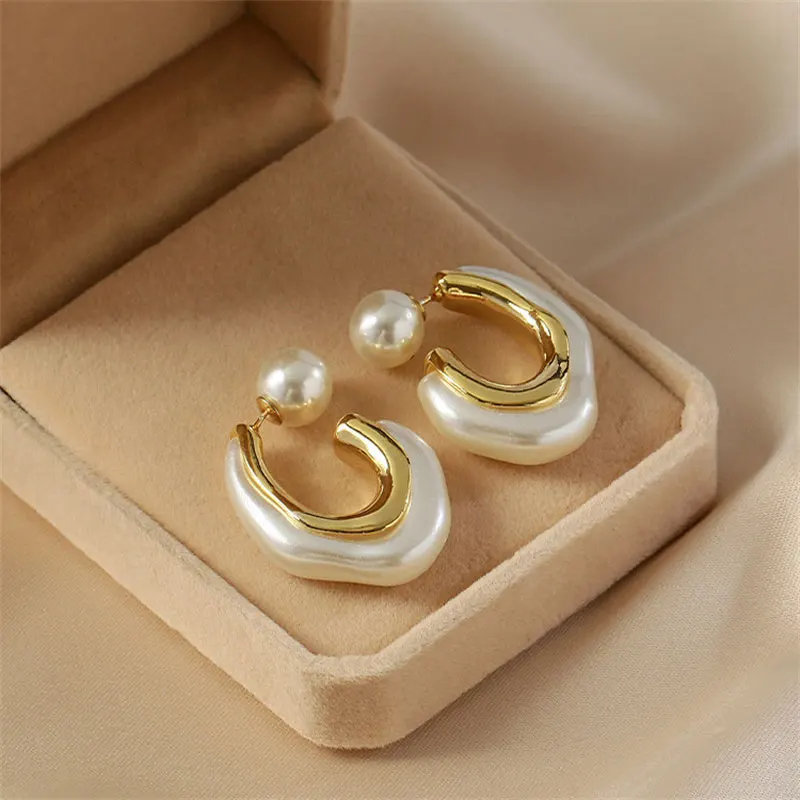 Korean Design Gold Color Pearl Irregular Earrings For Women Fashion Rhinestone Round Geometric Earring Trendy Party Girls Gifts