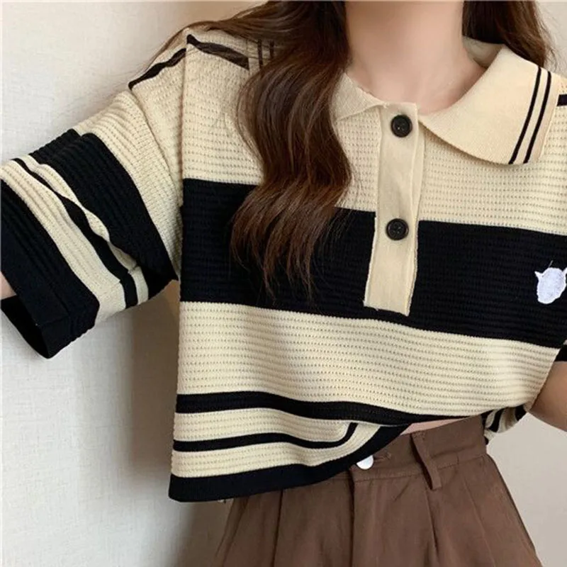 Fashion Thin Short Sleeve T-Shirt Women Summer Loose Turn-Down Collar Knitted Tees Woman Korean Style Pink Colour Striped Blouse