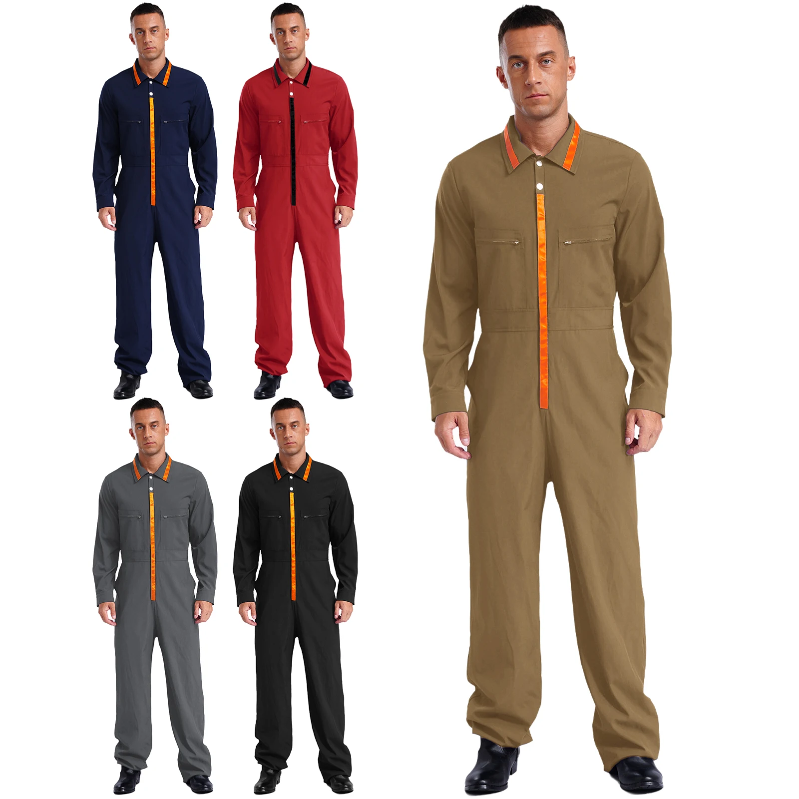 Herren-Arbeitsuniform, einteiliger Overall, Umlegekragen, lange Ärmel, Reißverschluss, Bodysuit, Overall für Arbeit, Mechaniker, Werkstatt