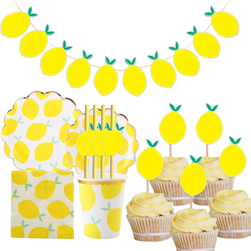 1set Lemon Paper Banner Cake Toppers Disposable Straws for Summer Lemon Themed Happy Birthday Pool Party Decoration Supplies