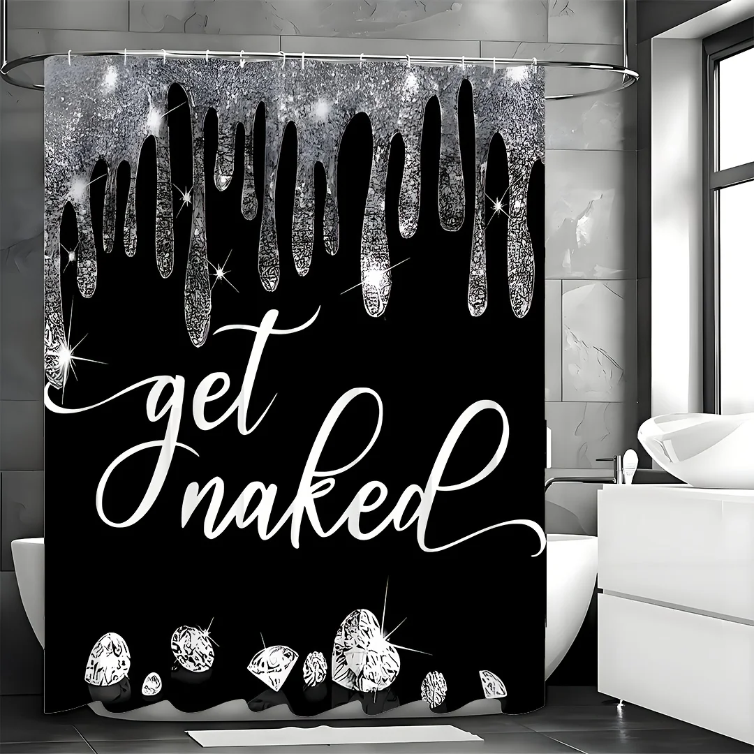 Get Naked 1/4-Piece Bathroom Set, Black Shower Curtain with Glitter Drip & Sparkling Diamonds view 2