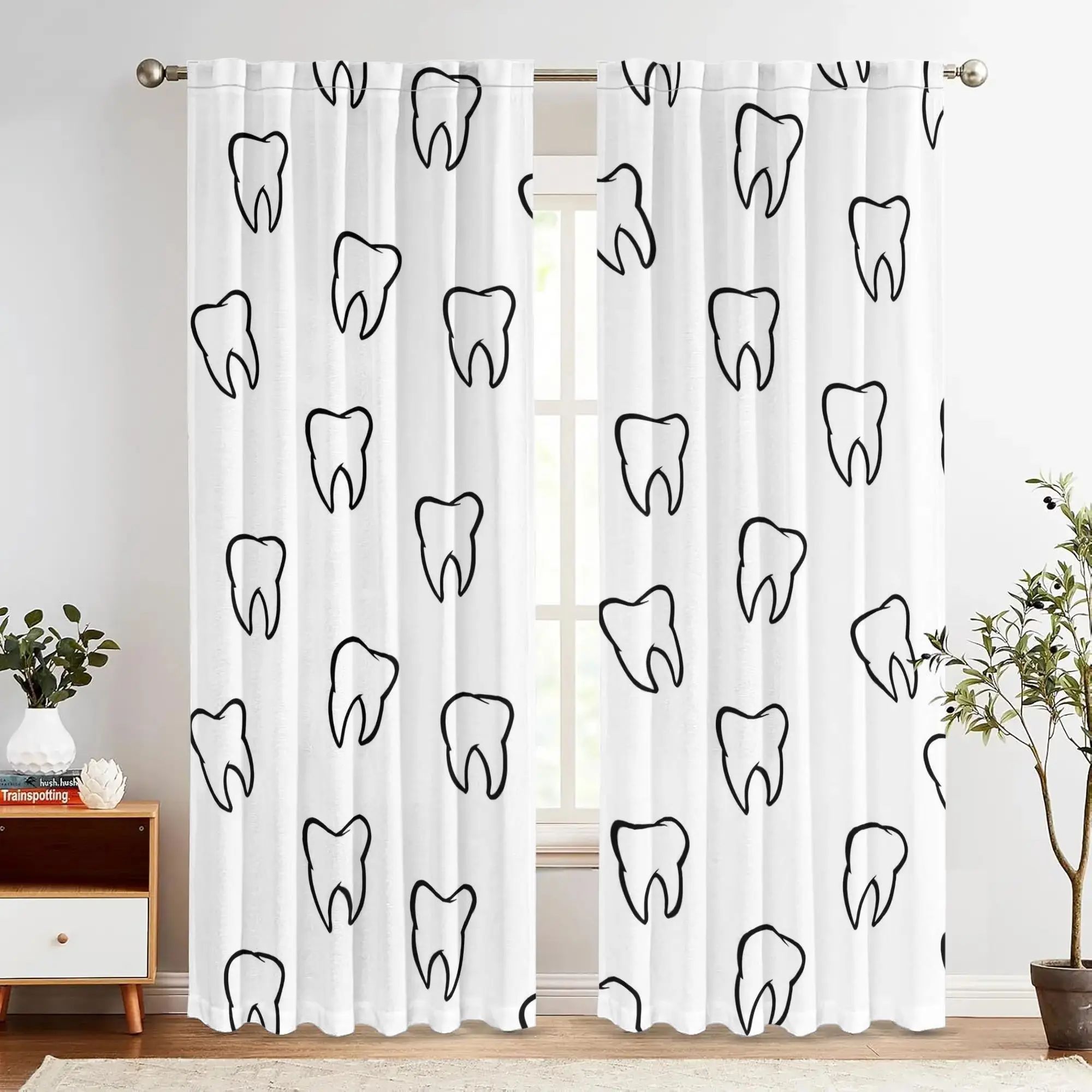 2pc Teeth pattern curtains, made of polyester, machine washable, suitable for bedroom and living room décor.