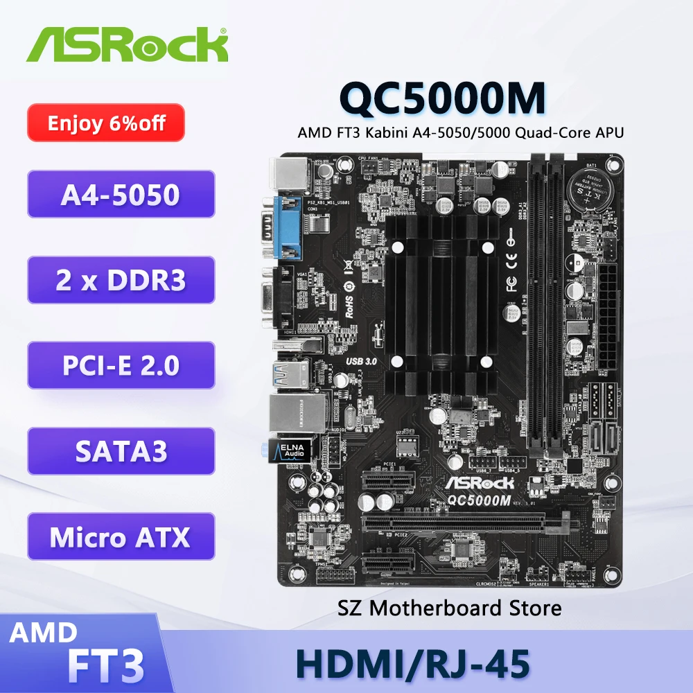 ASROCK QC5000M Motherboard SUupport AMD FT3 Kabini A4-5050/5000 Quad-Core APU CPU DDR3(1600) PCIe 2.0 X16 USB 3.1 Gen1