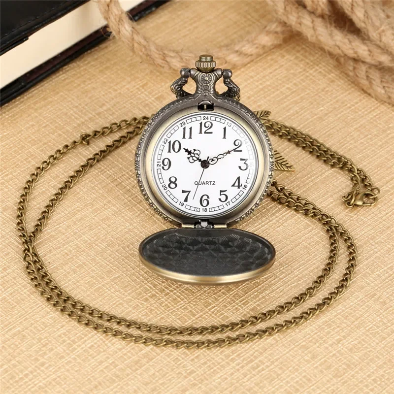 Bronze Engraved Leaf Design Full Hunter Quartz Analog Pocket Watch for Men Women with Sweater Necklace Chain Collectable Clock