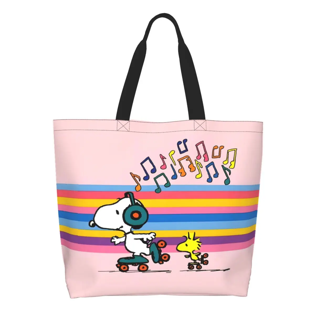 Custom Roller Skating Music Snoopys Cartoon Shopping Bag Women Canvas Shoulder Tote Bag Washable Beagle Grocery Shopper Bags