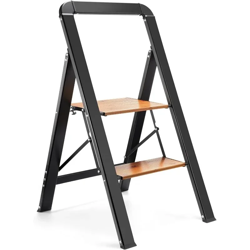 2 Step Stool Folding Step Ladder,Aluminum Lightweight Wood Grain Finish Step Ladder Sturdy Anti-Slip Portable Collapsible Stool,