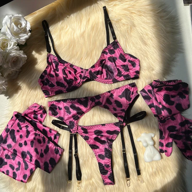 Toucheart Sexy Lingerie Sex Kit Pink Leopard Print Underwear Suit For Women Sexy Garters Stocking Combination Underwear Suit New