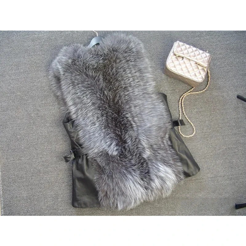 سترة فرو الثعلب الفضي سترة فرو حقيقي مع جلد النساء الشتاء الثعلب الفراء جيليه موضة جديدة الملابس النسائية الفاخرة