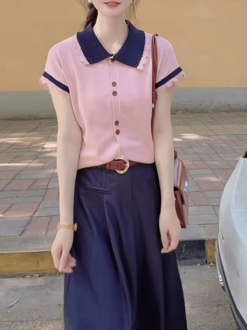 

Lace Trim Short Sleeve Shirt And High Waist Skirt Two Piece Set Women's Summer Fashion Ensemble Casual Commute Style Lightweight
