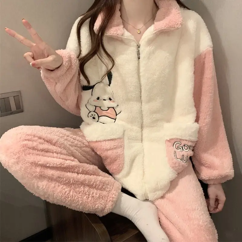 Pochacco Kawaii Pajamas Woman Sanrio Anime Cartoon Autumn Winter Zipper Thickened Coral Velvet Student Warm Loungewear Set Gift