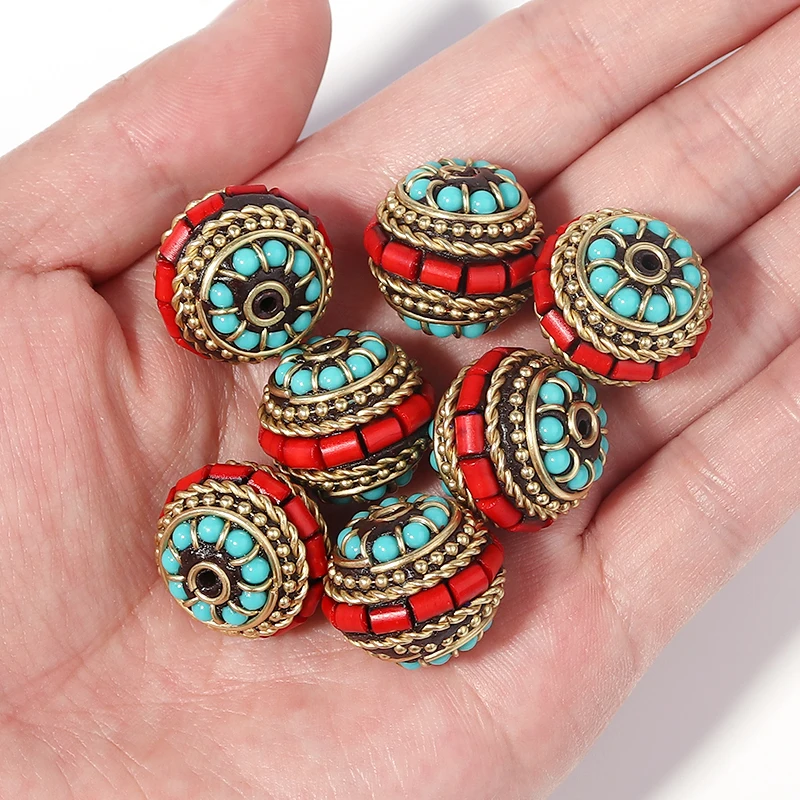 13/18/20mm Round Resin Indonesian Beads With Metal National Style Spacer Loose Bead For Jewelry Making Bracelet Supplies