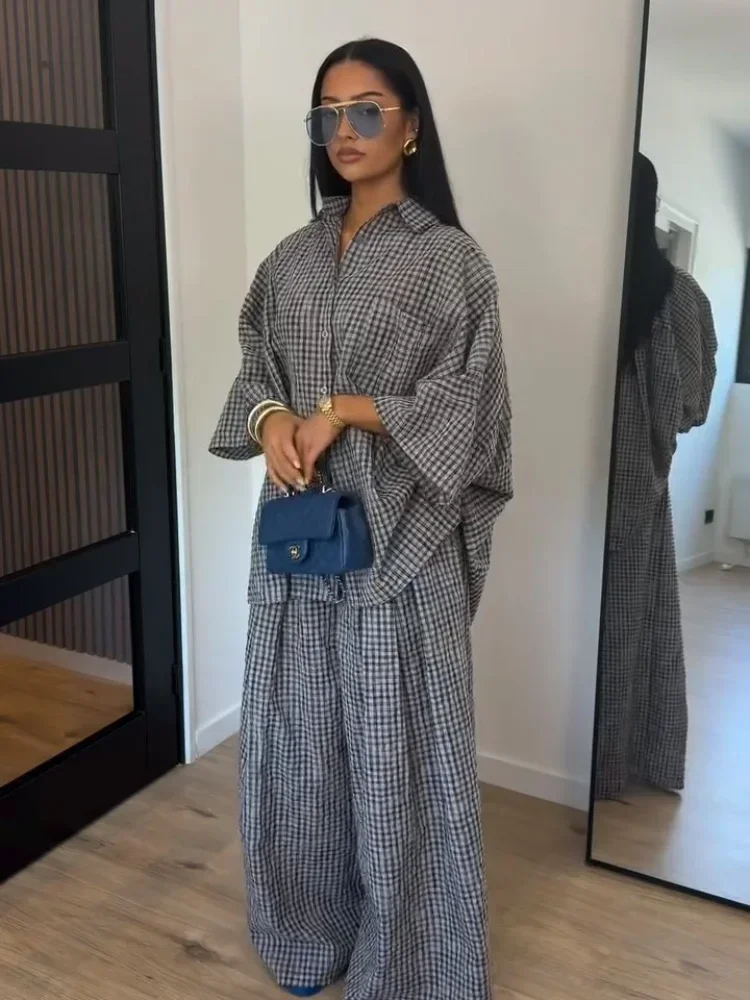 Loose Plaid Shirt Pants Two-piece Set Three Quarter Sleeve Oversize Blouses Wide Leg Pants Suit Fashion Women Casual Sets