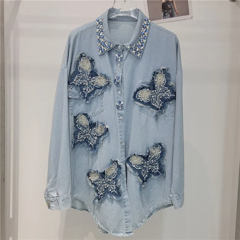 

SuperAen Beaded Diamond Denim Butterfly Embroidery Loose Mid-length Tops Single Breasted High Street Casual Shirts