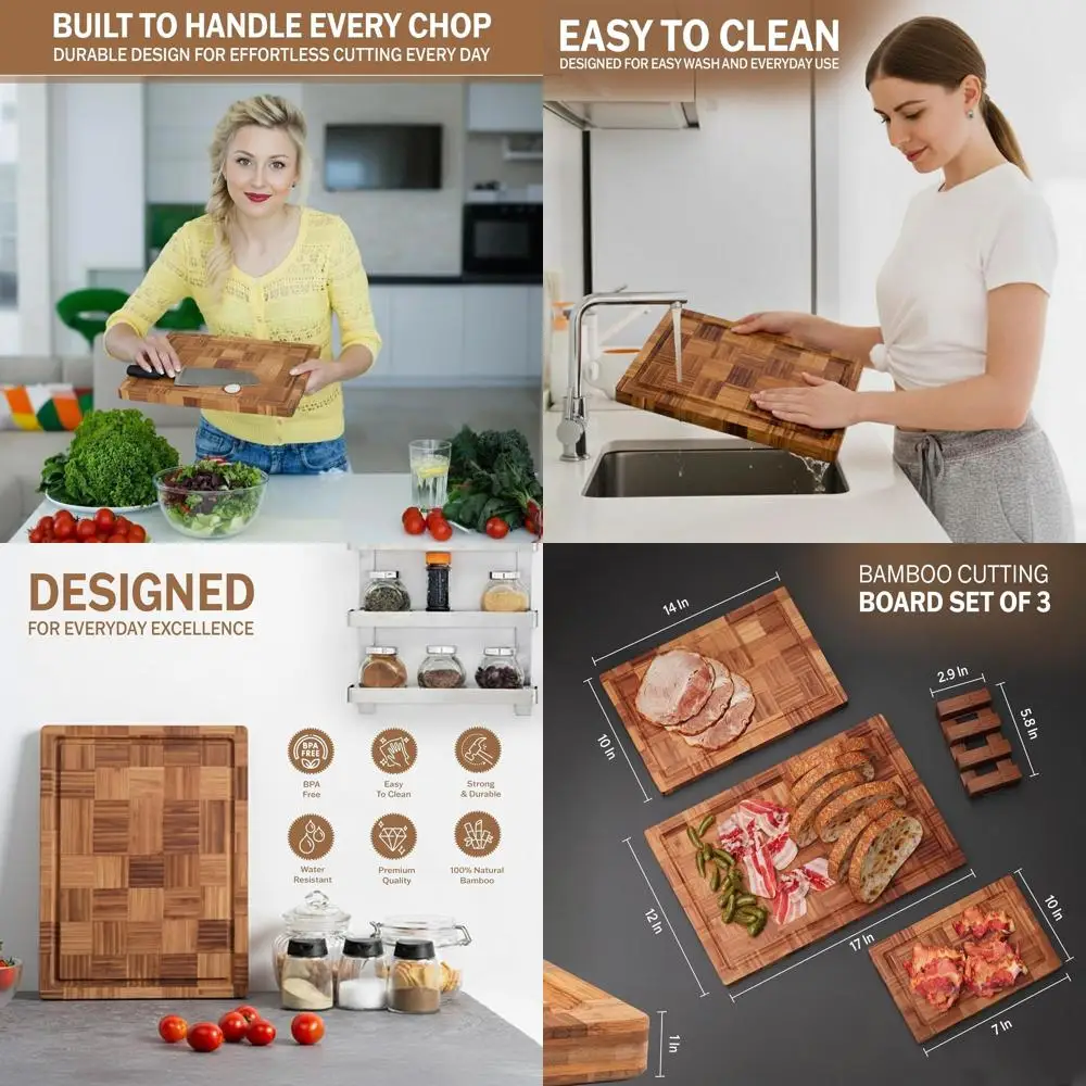 

Тройной набор бамбуковых разделочных досок: большие, очень большие и XXL — сверхпрочные концевые зерновые блоки с пазом для сока для кухни