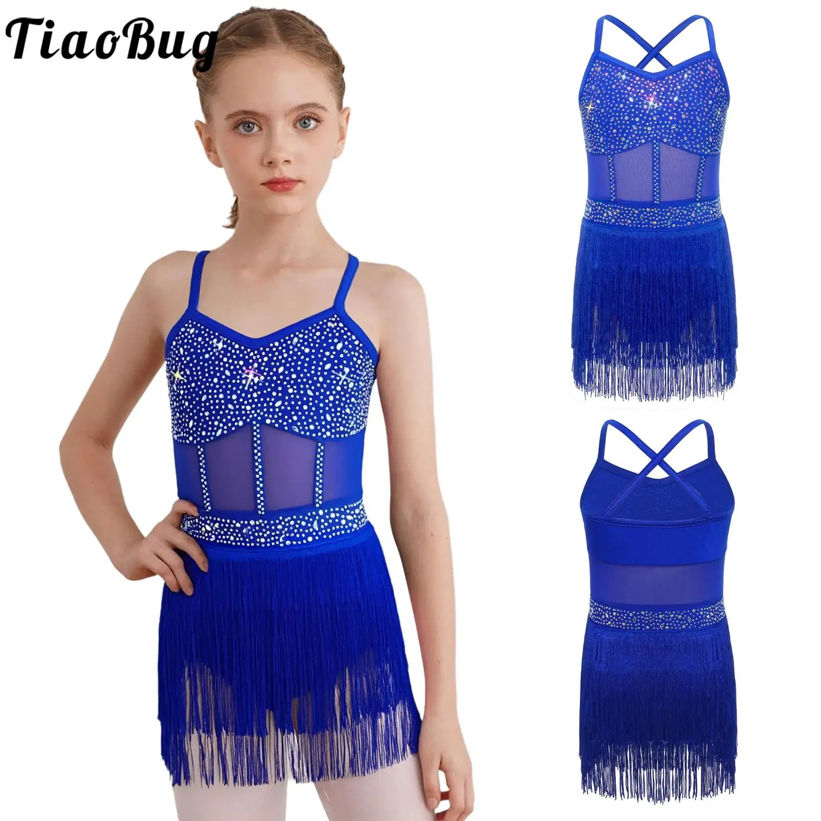 

Kids Girls Latin Dance Leotard Dress Rhinestones Cha-cha Samba Tango Costume Sheer Mesh Fringe One Piece Bodysuit Jazz Dancewear