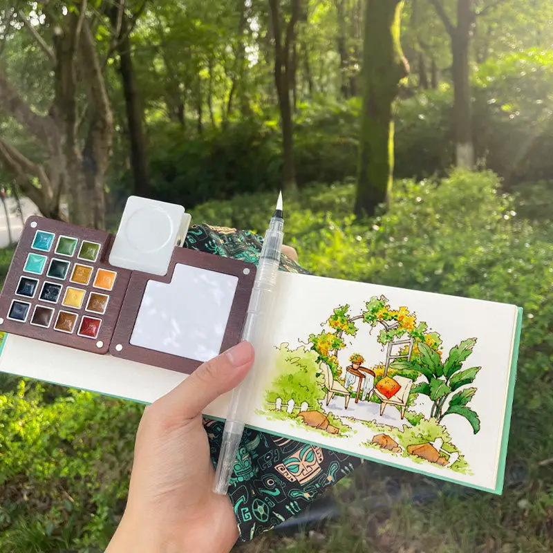 Portable Watercolor Paint Set Walnut Paint Box With Palette 15 Colors Travel Mini Watercolor Art School Supplies