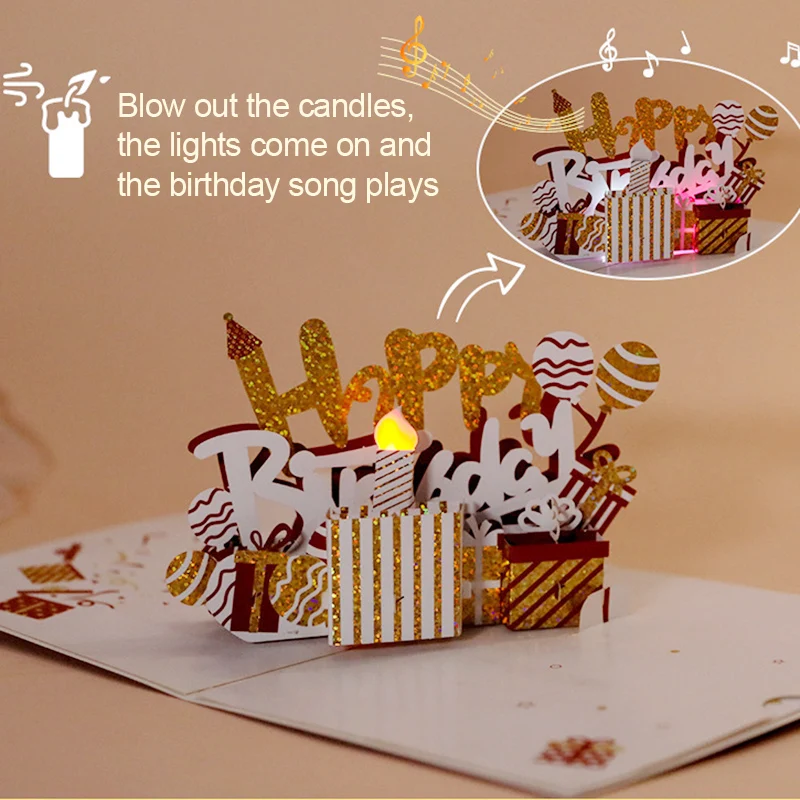 Hot Musical Light 3D Pop UP Happy Birthday Cards Invitation Cake Greeting Card Kids Gift Postcard for Friend Dad Mom Present