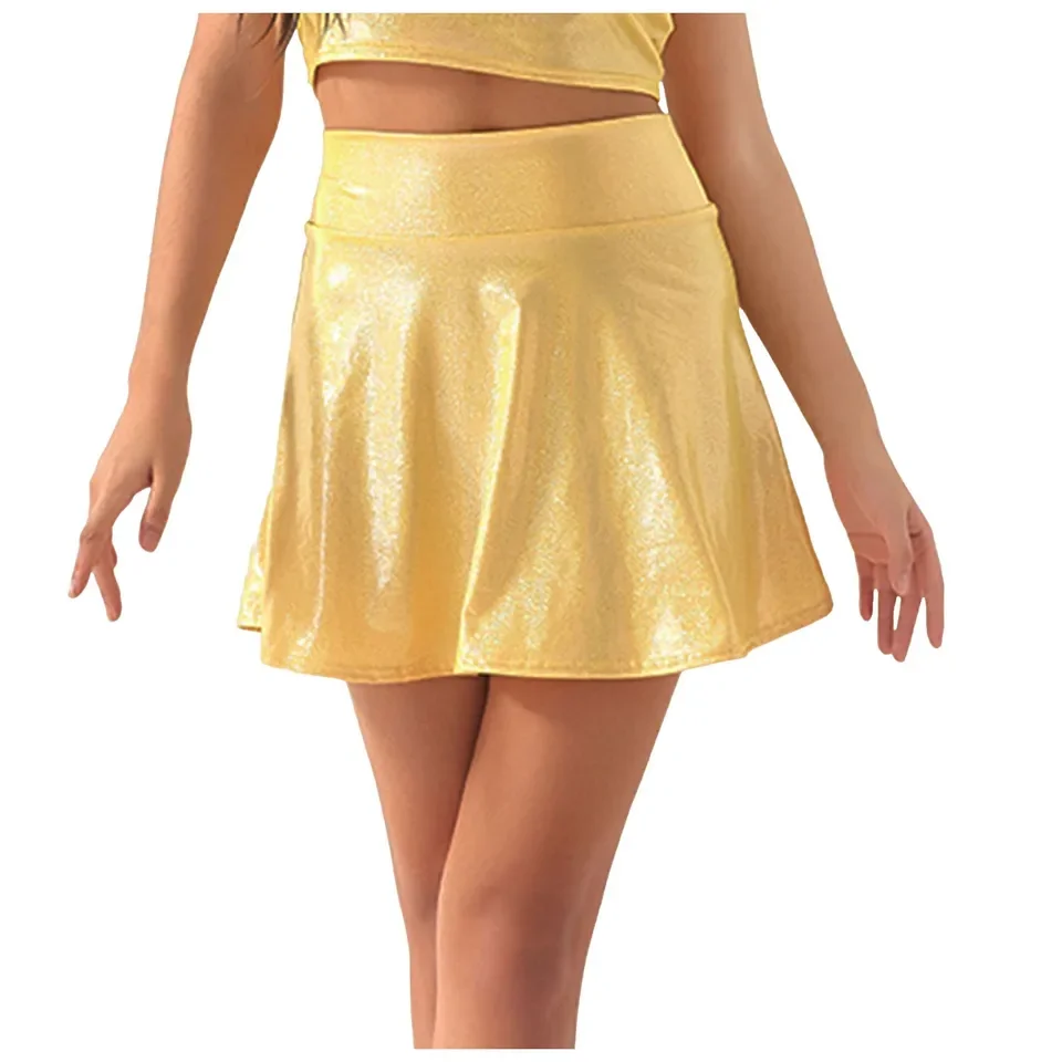 Skirts For Women 2025 Women'S Shiny Metallic Wet Look Skirt Stretchy High Waist Flared Pleated Skirts Solid Woman Clothes