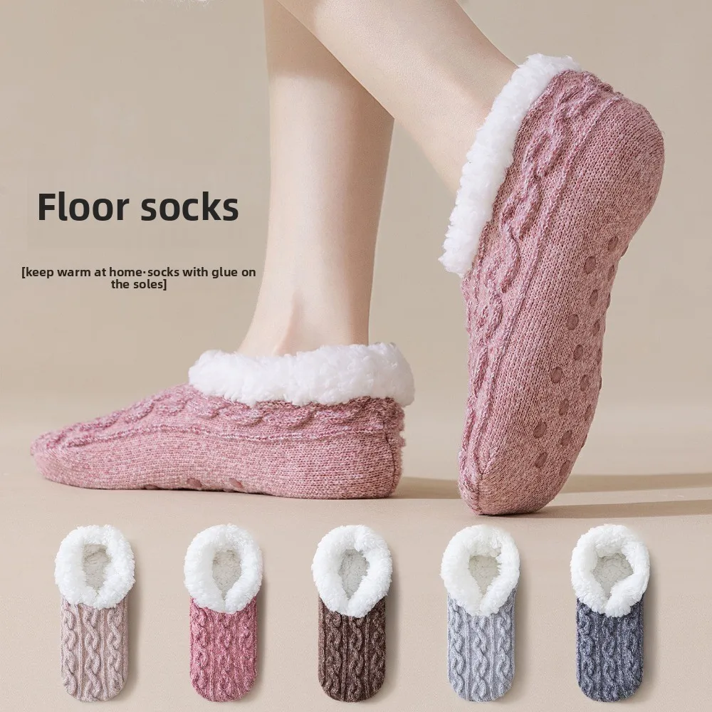 

Sweet Anti-slip Winter Floor Socks Knitted Twist Warm Thicken Plush Socks Coral Fleece Soft Sleeping Socks Women