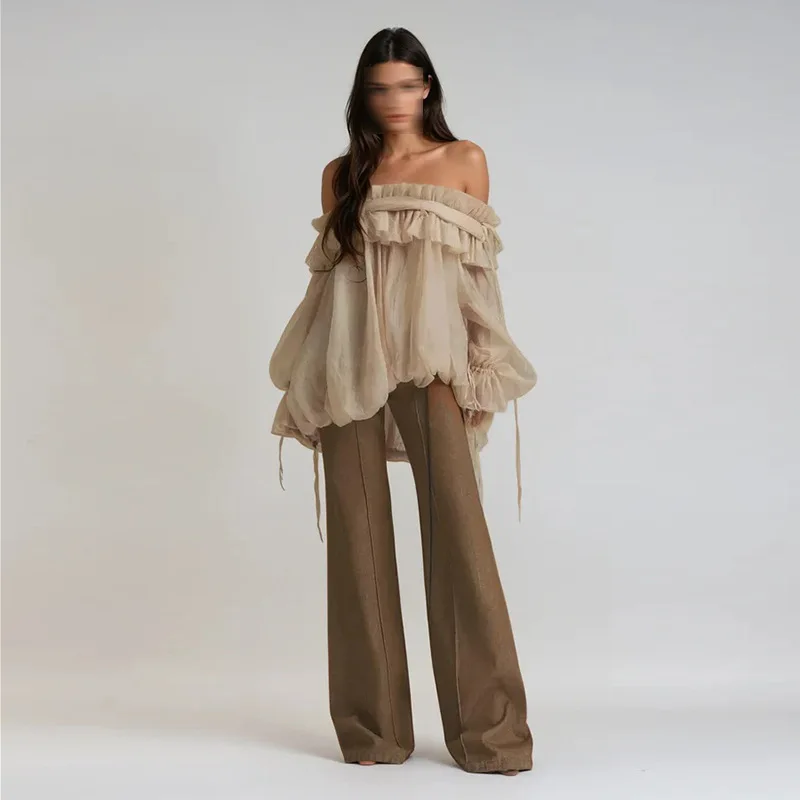 

Women Off Shoulder Tops Shirts Summer 2025 Korean Fashion Clothes Casual White Pink Blusas Feminina Ruffles Sexy Chiffon Blouses