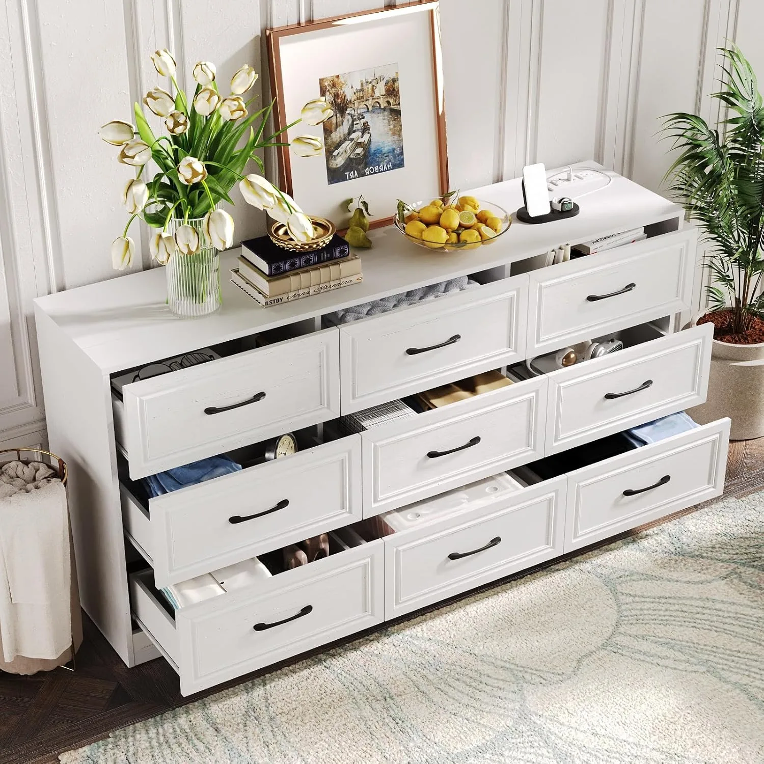 Dresser for Bedroom, 9 Drawer Wide Dresser Organizer with Charging Station, Dresser for Hallway, Wood Dresser with Metal Handles