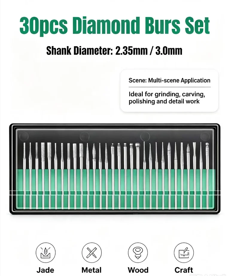 30pcs Shank Diamond Burs Set With Box For Dremel Electric Grinder Power Accessories Abrasive Drill Bit Rotary Tool Set 2.35/3mm
