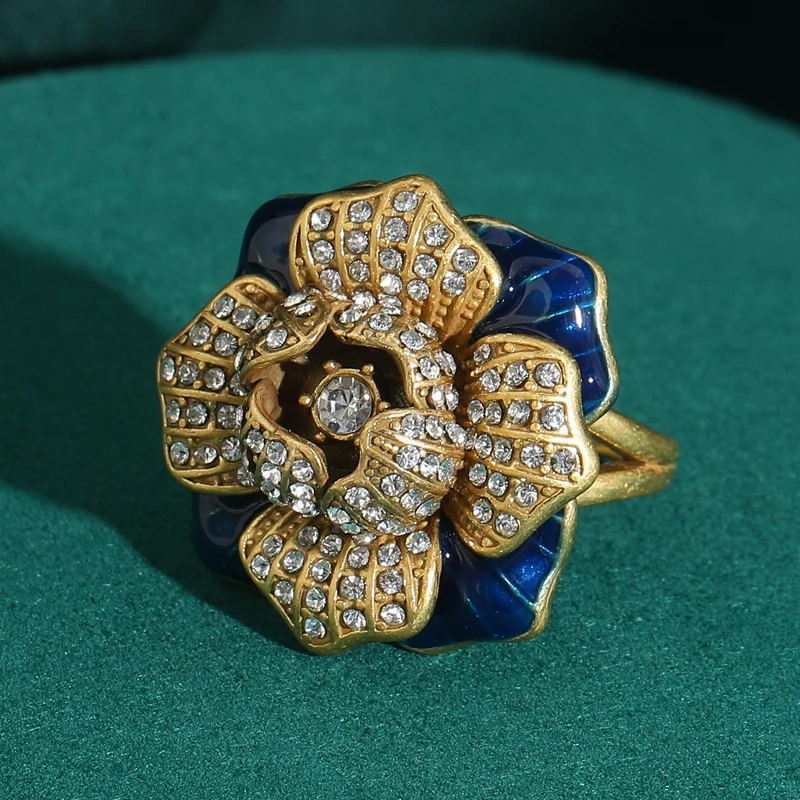 

Floral Rhinestones Flower Ring Vintage Jewelry Decoration Blue Oil Drop Gold Color Antique Wedding Engagement For Women Luxury