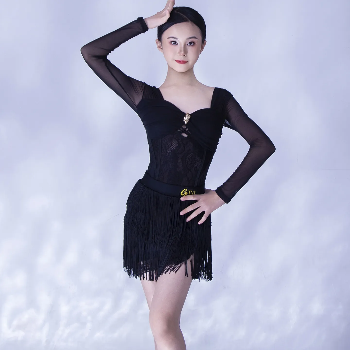 Latein-Tanzkleid, rückenfrei, langärmlig, Oberteil mit Quasten, Rock, geteilter Anzug, Bühnenkostüme, Samba-Tanzkleidung, DQL12606