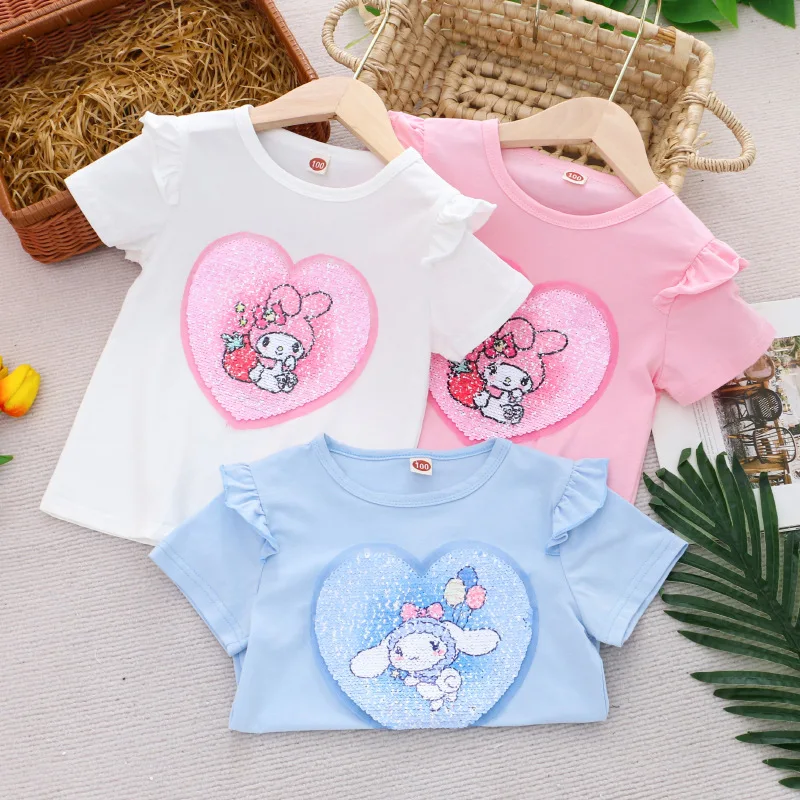 

2024 My Melody Girls T-Shirt Sanrio Kawaii Anime Cinnamoroll Color-Change Sequin Short Sleeve Sweet Cute Princess Tops Kid Gift