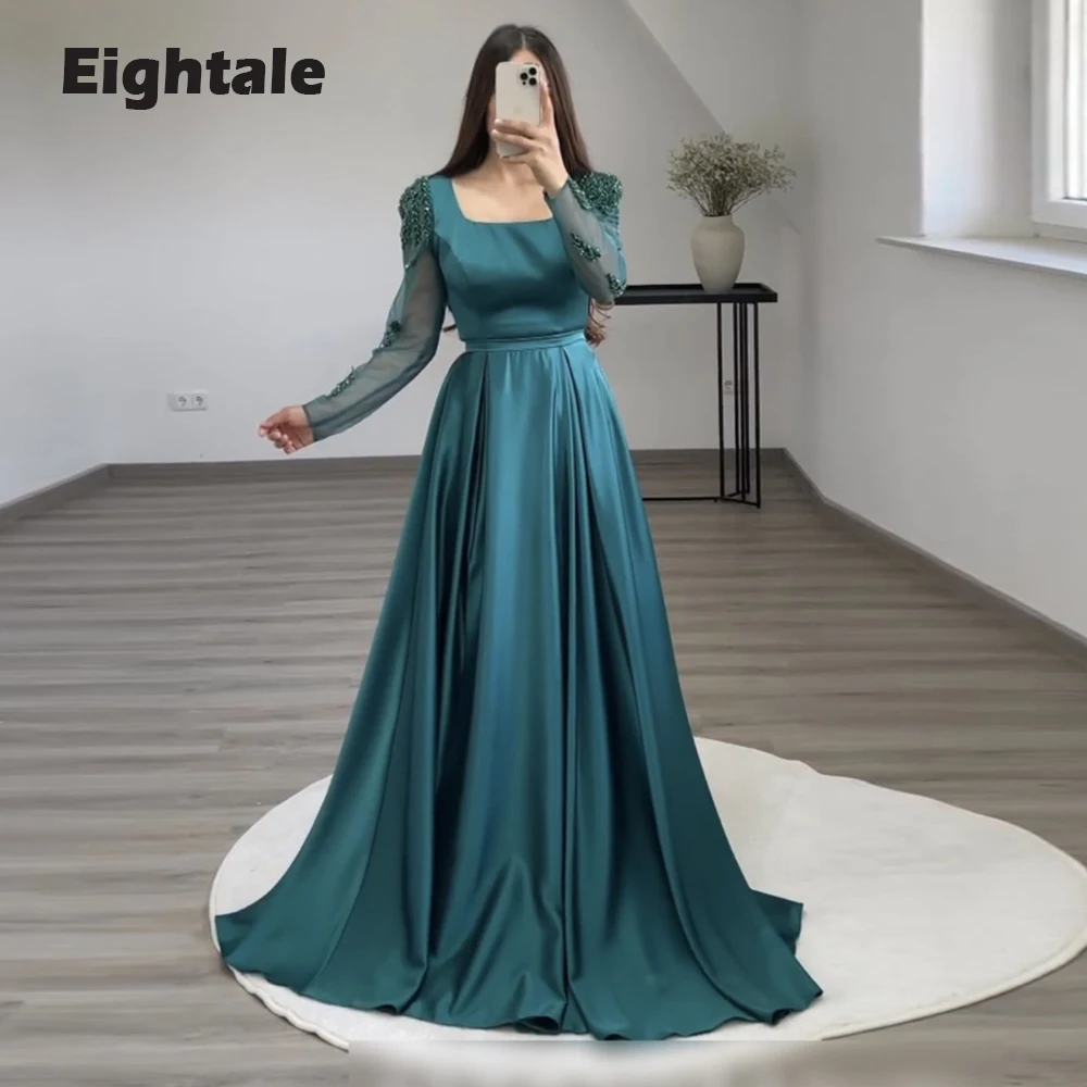 

Eightale Elegant Evening Dress for Wedding Party Beaded Long Sleeves Green Appliques A-Line Prom Gowns Arabic Celebrity Dress