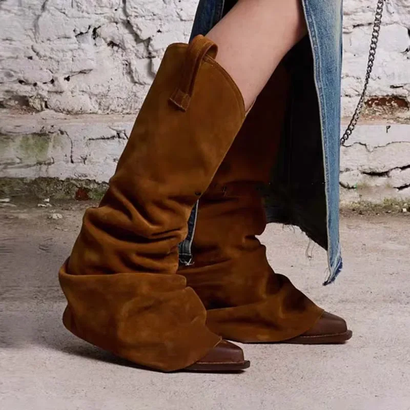 Brown Pleated Pile knee high Boots Woman Winter 2026 Pointed Toe Thick Heel Western Cowboy Long Knight Boots Fashion Shoes