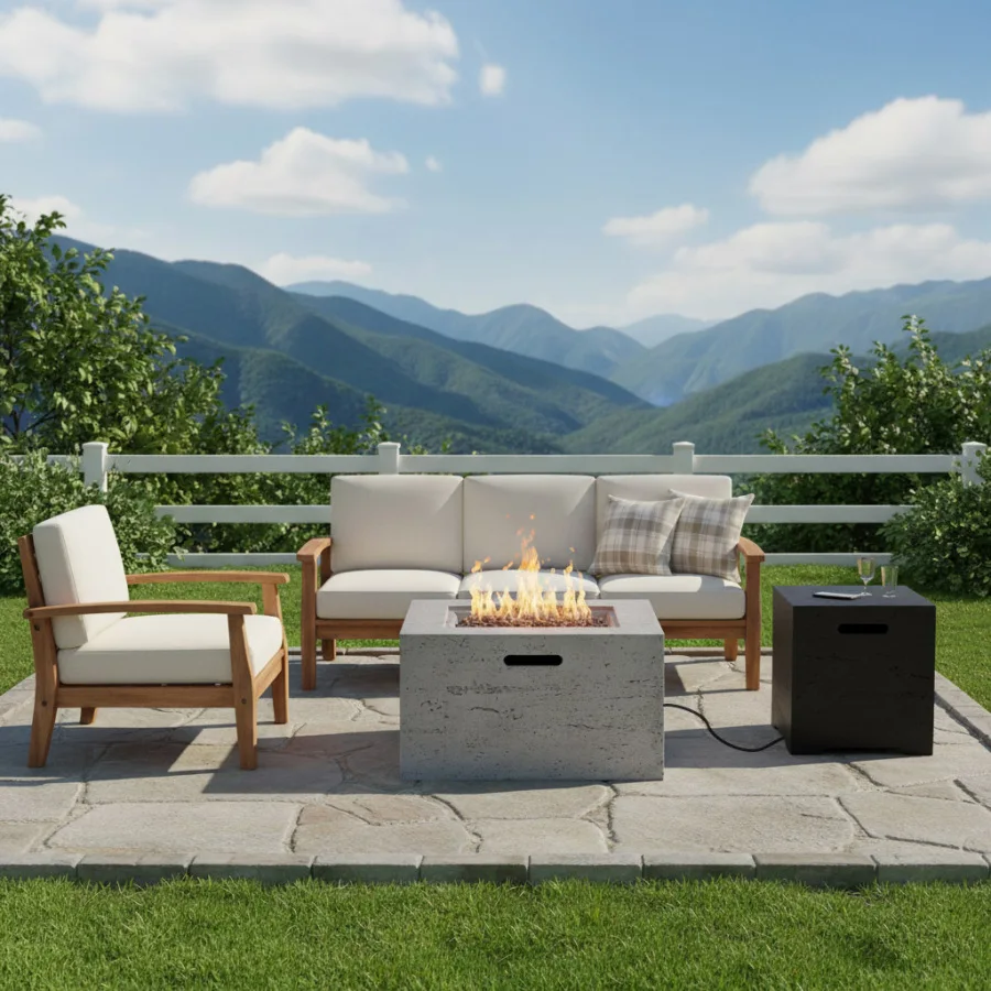 

Outdoor fire pit table for patio use, steel construction, black finish, 40000 BTU adjustable flame with lava rocks and rain cov