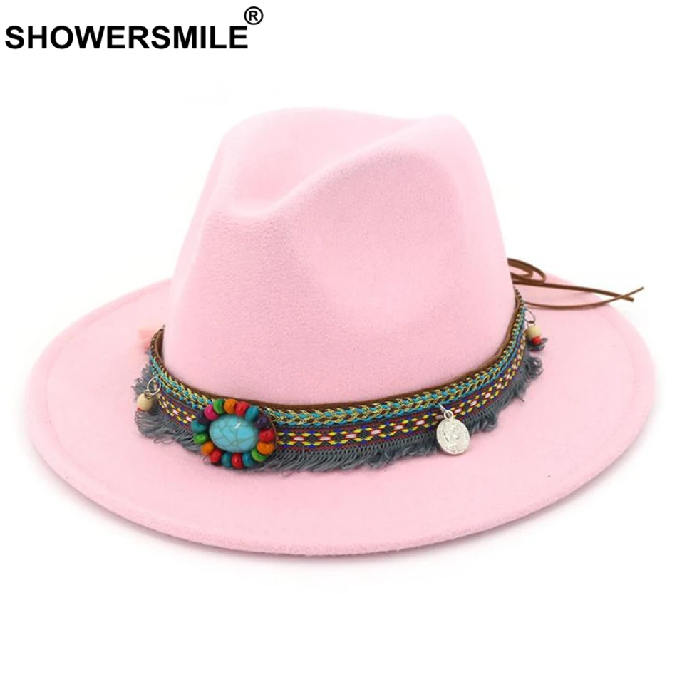 SHOWERSMILE Pink Fedora Ladies Vintage Felt Hat Women Casual Ethnic Style Large Brim Tweed Autumn Winter Jazz Cap Red Black 2024