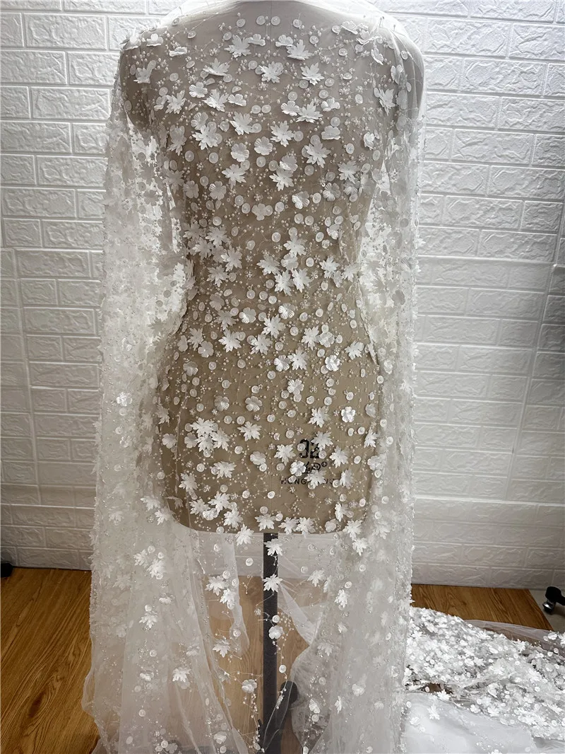 New Style 3D Off White Florals Pearls Bead Sequins Mesh Embroidery Lace Fabric Wedding Dress Party Gown Dress Fabric 1 Yard