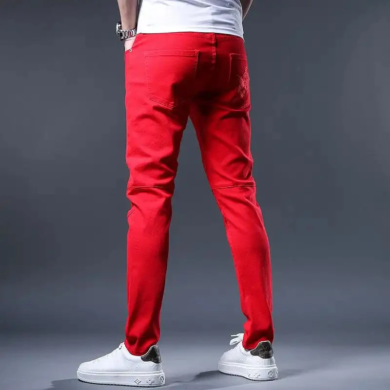 2026 Men's Summer Red Slim Fit Jeans Stylish Cool American Style Versatile Casual Trousers Fashion Streetwear Men's Bottoms