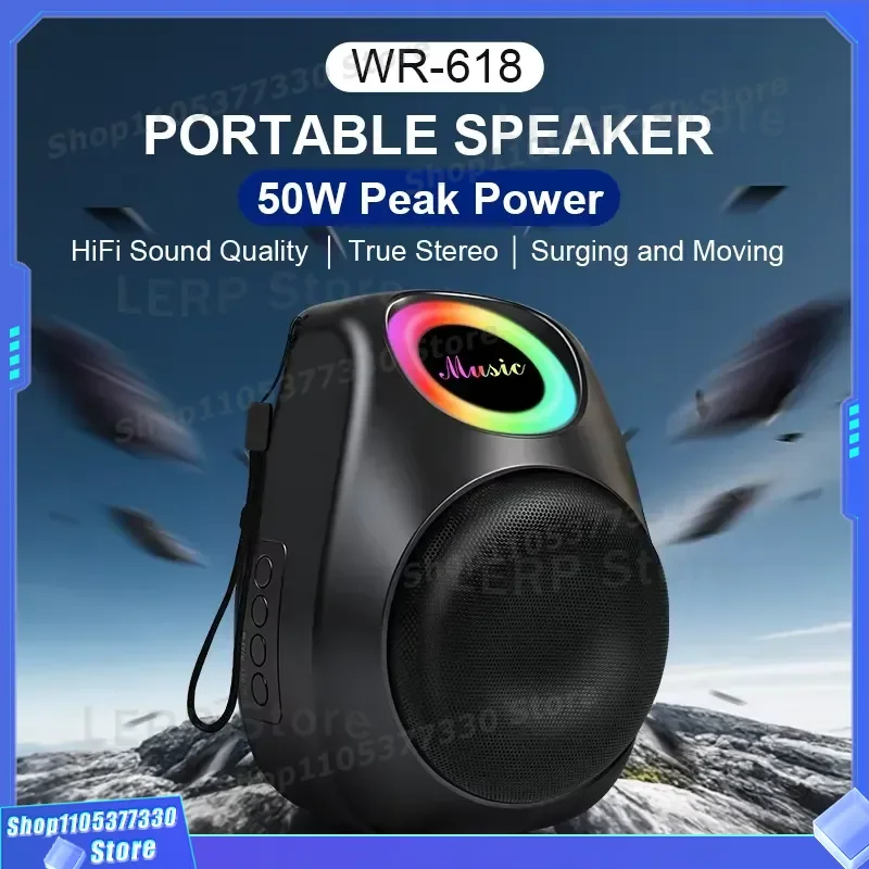 50W Peak Power Wireless Bluetooth Speaker Outdoor Portable with RGB LED Light 4000mAh Battery for Party Music System Portable