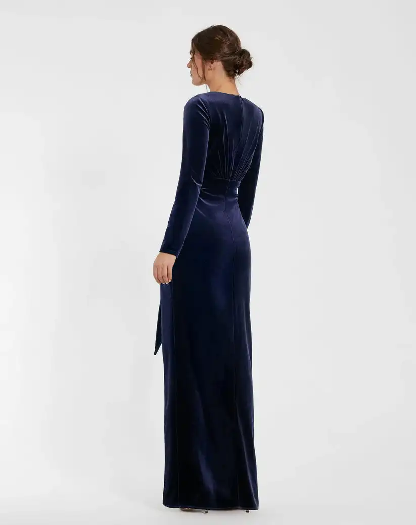 Customized Classic Velour Criss-Cross Pleat A-line V-neck Long Dresses Bespoke Occasion Dresses Modern Style Simple High quality