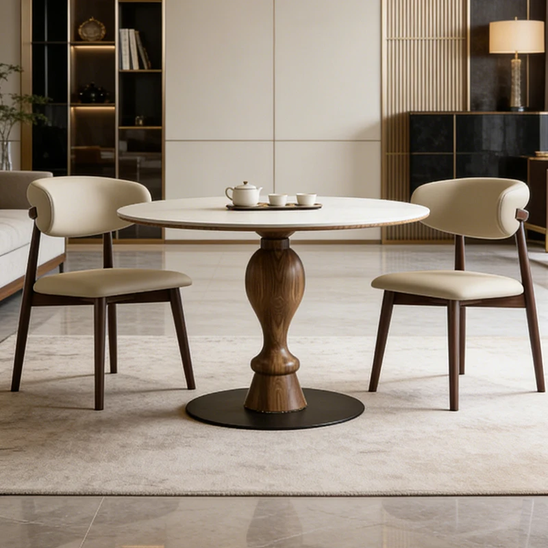 

&c French Mid-Century Sintered Stone Round Dining Table Solid Wood Consultation Table Full Solid Wood Base Light Luxury