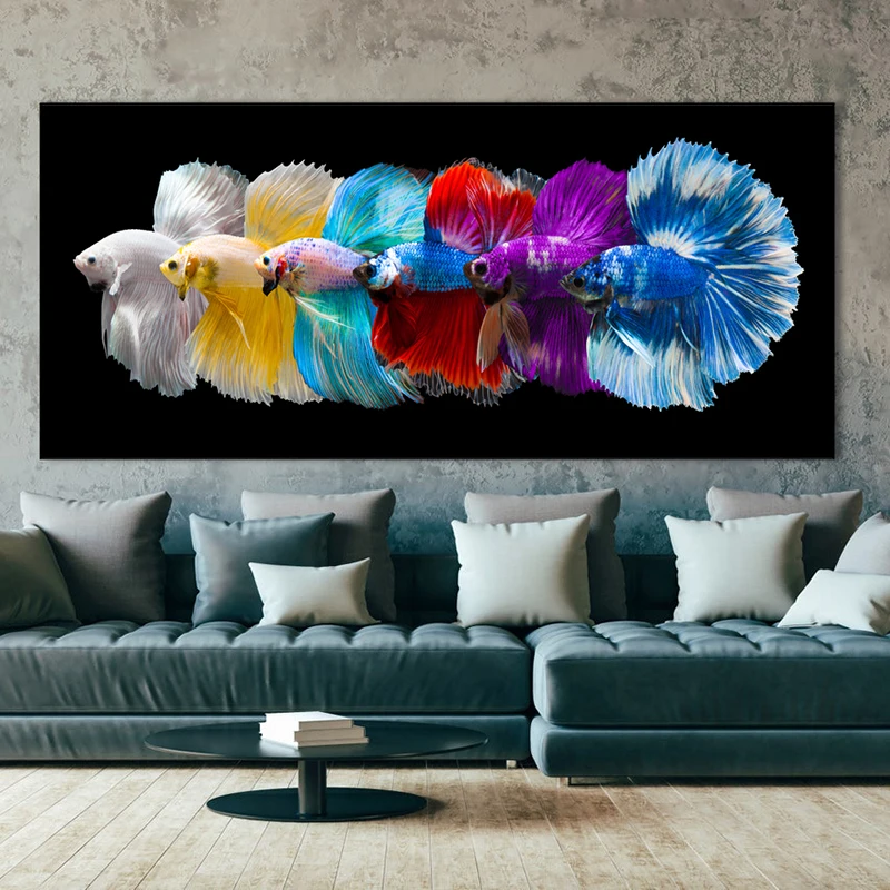 Abstract Color Fish Canvas Painting Wall Art Colorful Betta Fish Rainbow Fish Wall Pictures Poster for Living Room Decor Unframe