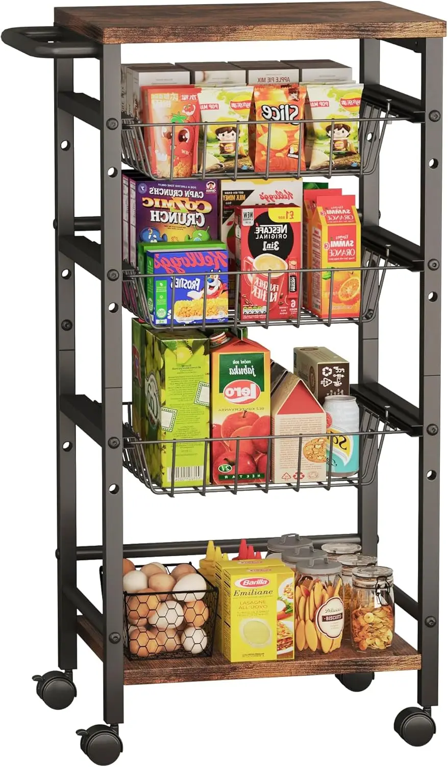 Carrito Organizador de Aperitivos de 5 Niveles con Cestas Ajustables, Estantes y Asa para Almacenamiento en la Cocina