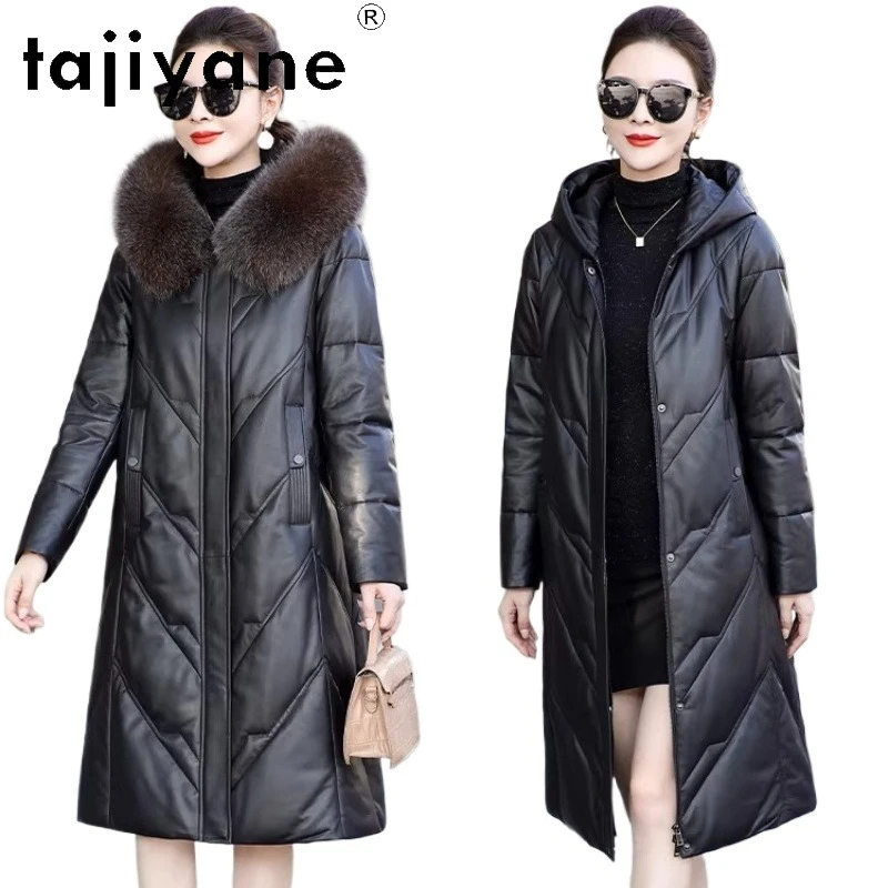 TAJIYANE トップレイヤーシープスキンホワイトグースダウンコート女性用フォックスファー襟付きパファージャケットロングフード付きコート2026冬服 가죽자켓