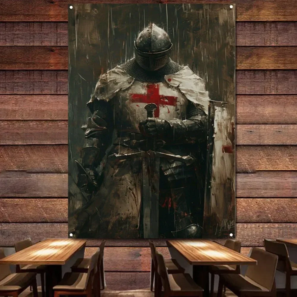 Knights Templar Tapestry Wall Art Posters and Prints Vintage Crusader Armor Warrior Banner Wall Hanging Flag Home Decor Painting