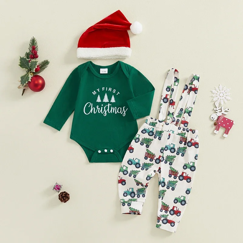 Newborn Baby Boy 3PCS Clothes Set Infant Long Sleeve My First Christmas Romper Cute Pattern Suspender Pants Overalls Outfits