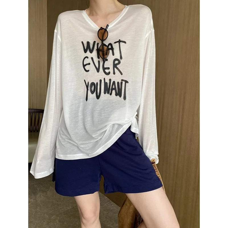 Slightly Letter Print Loose Long-sleeve T-shirt Long Sleeve T Shirt With Blue Graffiti Text Women Casual Streetwear Style 4MH4